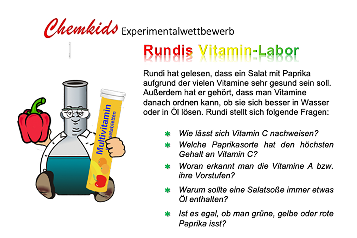 Ein Cartoon-Laborgefäß mit Brille hält eine rote Paprika in einer Hand und eine Multivitamin-Brausetablettenröhre in der anderen. Der Text beschreibt den Chemkids-Experimentalwettbewerb „Rundis Vitamin-Labor“ und stellt Fragen zu Vitamin C, Paprikasorten, Vitamin A, Fettlöslichkeit von Vitaminen und die Bedeutung von Öl in Salatsoßen.