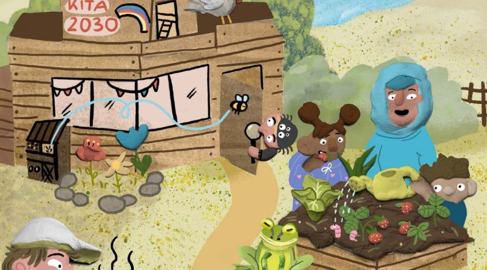 Eine Illustration zeigt eine Kita mit der Aufschrift „Kita 2030“. Kinder und eine Betreuerin gießen ein Hochbeet mit Gemüse, während Tiere wie ein Frosch und ein Hahn die Szene beleben. Ein Mann kocht links im Bild, und ein Kind schaut aus der Tür nach einer Biene.