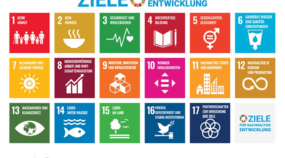 Auf einem Poster für Bildung für Nachhaltige Entwicklung sind 17 Ziele in unterschiedlichen Farben angegeben. Das Poster stammt von den Vereinten Nationen.
