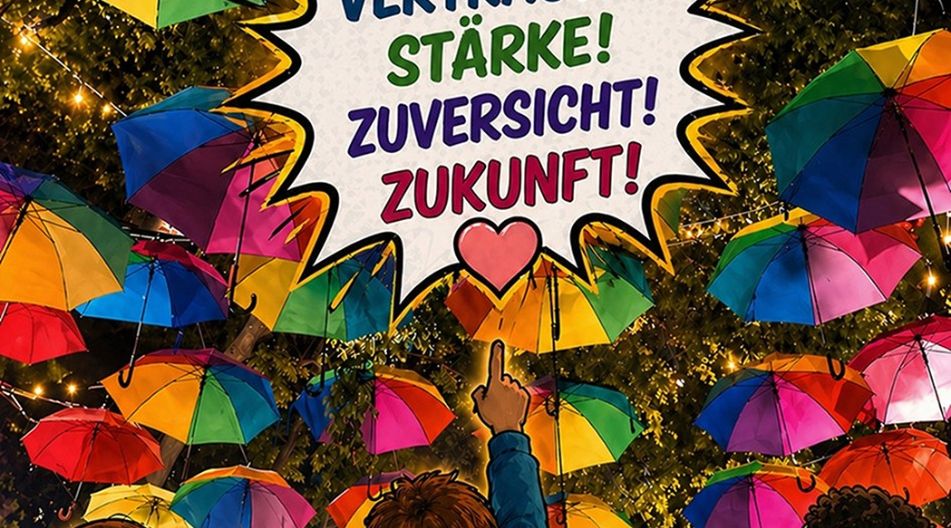 Bunte Regenschirme über Kindern, darüber Sprechblase mit den Worten „Vertrauen, Stärke, Zuversicht, Zukunft“